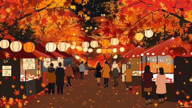 An autumn festival scene with food stalls, lanterns, and people enjoying the festivities under a canopy of autumn leaves.