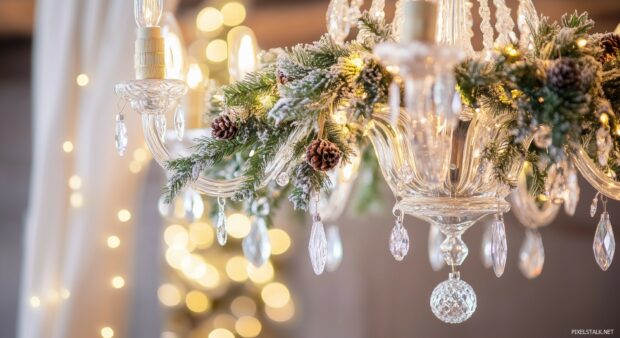 An elegant Christmas chandelier decorated with greenery and fairy lights.