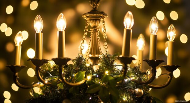 An elegant Christmas chandelier decorated with greenery and fairy lights.