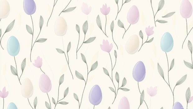 An elegant Easter desktop wallpaper with pastel colored eggs and flowers in a repeating tile design, soft lines, and clean vector art style.