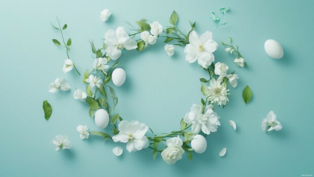 An elegant Easter wreath made of flowers, eggs, and green vines on a pastel background, minimalistic design.