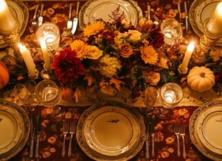 An elegant Thanksgiving table setting featuring a fall themed tablecloth and a centerpiece with seasonal flowers and pumpkins.