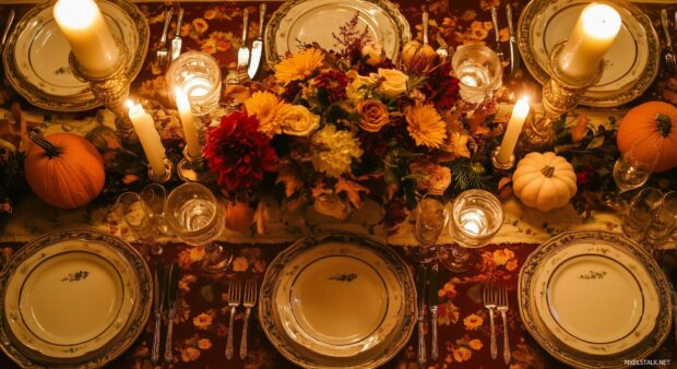 An elegant Thanksgiving table setting featuring a fall themed tablecloth and a centerpiece with seasonal flowers and pumpkins.