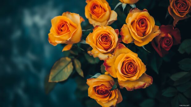 An elegant arrangement of yellow and orange roses.