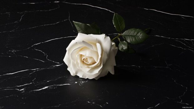 An elegant composition featuring a single white rose resting on a dark marble surface.