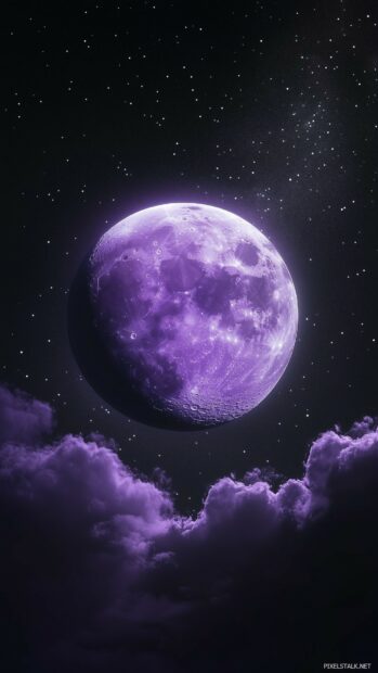 An elegant composition with a glowing purple Moon framed by thin, wispy clouds, set against a smooth, starry sky.