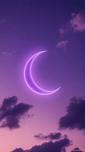 An elegant composition with a glowing purple moon framed by thin, wispy clouds, set against a smooth, starry sky.