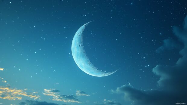 An elegant crescent moon set against a smooth gradient night sky with minimalist stars and thin, flowing clouds.