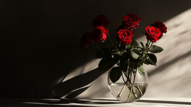 An elegant display of red roses in a glass vase.