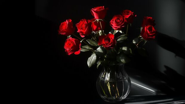 An elegant display of red roses in a glass vase, reflecting the light, with gentle shadows creating a romantic ambiance.