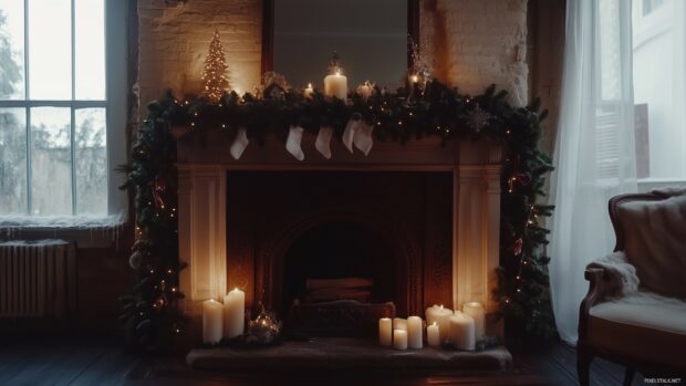 An elegant fireplace set for Christmas.