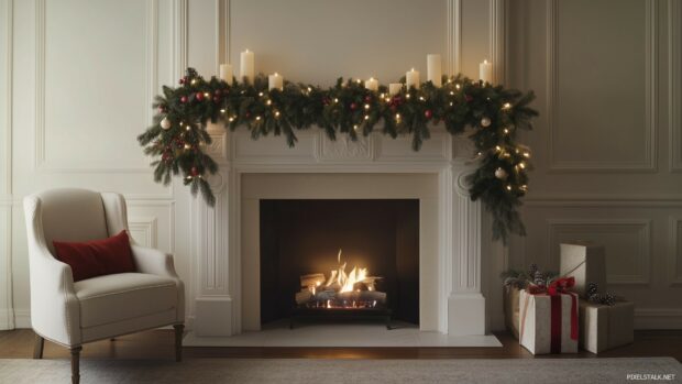 An elegant fireplace set for Christmas background.