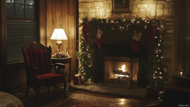 An elegant fireplace set for Christmas, with a luxurious garland draped over the mantle.