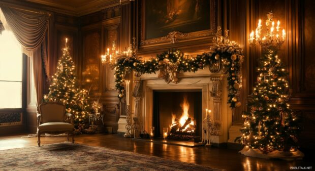 An elegant fireplace set for Christmas, with a luxurious garland draped over the mantle, glowing candles.