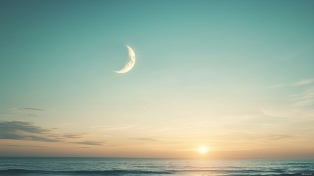 An elegant scene with the sun illuminating one half of the sky and the moon glowing softly on the other half.