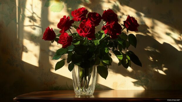 An elegant wallpaper of red roses in a glass vase, reflecting the light.