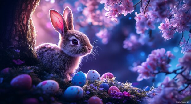 An enchanting Easter forest with hidden eggs, bunnies peeking out, and colorful flowers, magical lighting.