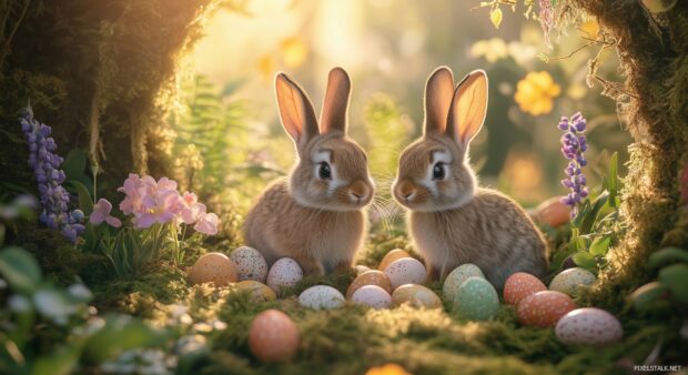 An enchanting Easter forest with hidden eggs, bunnies peeking out, and colorful flowers, magical lighting.