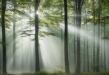 An enchanting Forest Desktop Wallpaper HD with tall trees emerging from the fog.