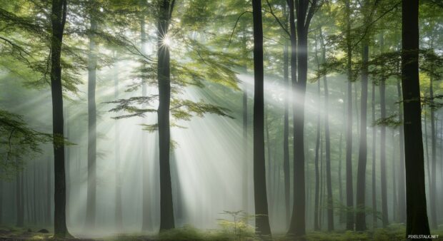 An enchanting Forest Desktop Wallpaper HD with tall trees emerging from the fog.