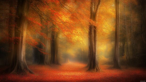 An enchanting autumn forest with trees full of vibrant orange, red, and yellow leaves, scattered on the forest floor.