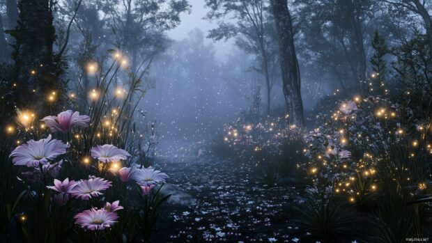 An enchanting forest desktop wallpaper with sparkling fairy lights, enchanted fog, and vibrant, oversized flowers.