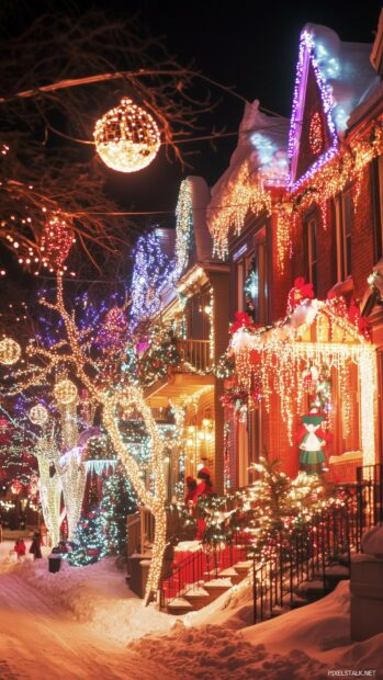 An enchanting street scene illuminated with twinkling Christmas lights on houses and trees, creating a magical winter wonderland.