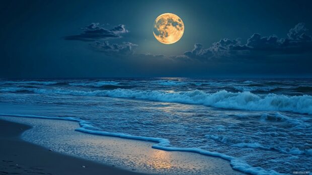 An enchanting view of a full moon shining brightly over a quiet beach, with gentle waves and soft, moonlit sand.