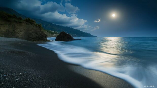 An enchanting view of a full moon shining brightly over a quiet beach, with gentle waves and soft, moonlit sand, creating a peaceful and magical atmosphere.