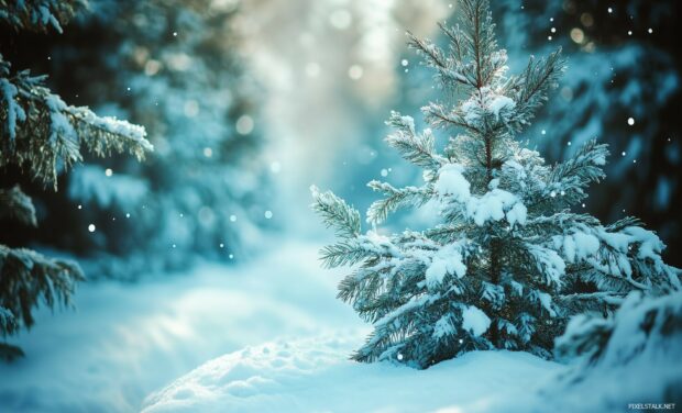 An enchanting winter forest background with snow covered evergreen trees, a hint of mist rising from the ground.