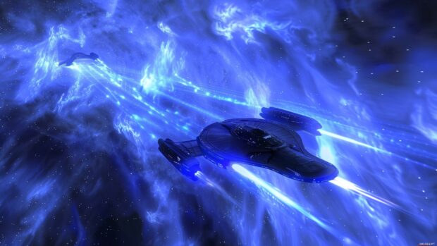 An epic view of a starship flying through a blue nebula, with light trails and distant stars creating a sense of motion and wonder.