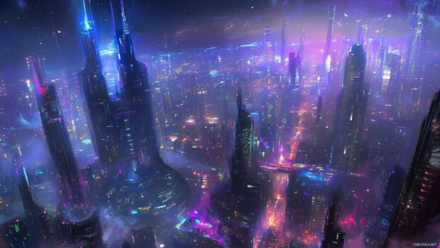 An expansive Neon Cityscape with futuristic architecture, striking neon color schemes.