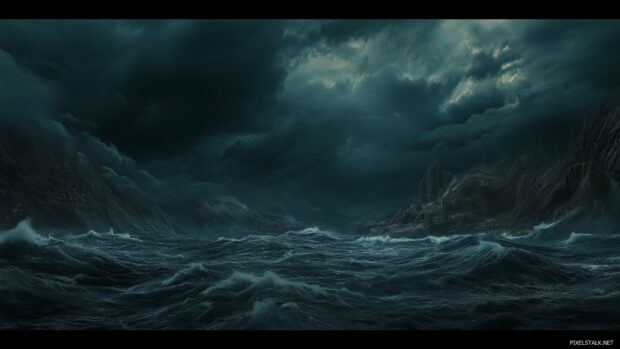 An expansive view of a stormy sea under dark, dramatic clouds, waves crashing against rugged cliffs.