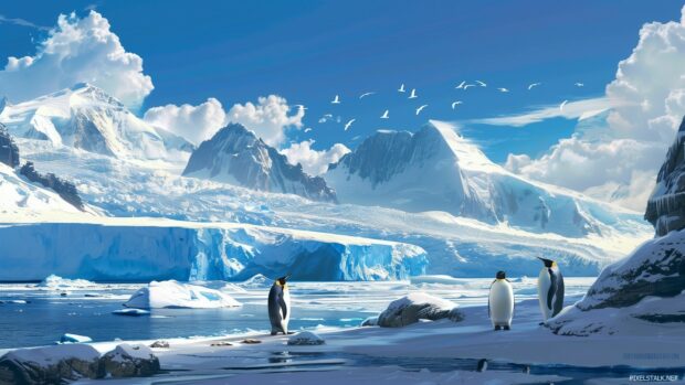 An icy cool glacier landscape under a clear blue sky with penguins.