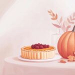 An illustration of a Thanksgiving table setting with a few key elements like a pumpkin and pie, with a soft, elegant background.