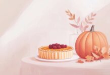 An illustration of a Thanksgiving table setting with a few key elements like a pumpkin and pie, with a soft, elegant background.