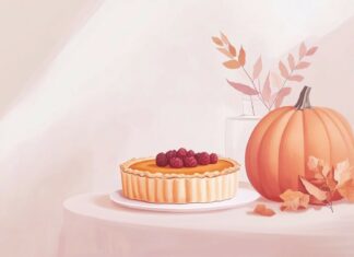 An illustration of a Thanksgiving table setting with a few key elements like a pumpkin and pie, with a soft, elegant background.