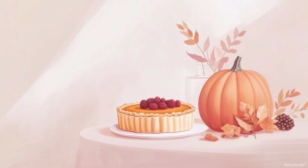 An illustration of a Thanksgiving table setting with a few key elements like a pumpkin and pie, with a soft, elegant background.