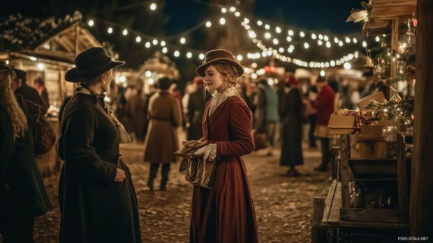 An old fashioned Christmas market scene with rustic wooden stalls, twinkling string lights, and shoppers in vintage clothing, capturing the spirit of festive gatherings.