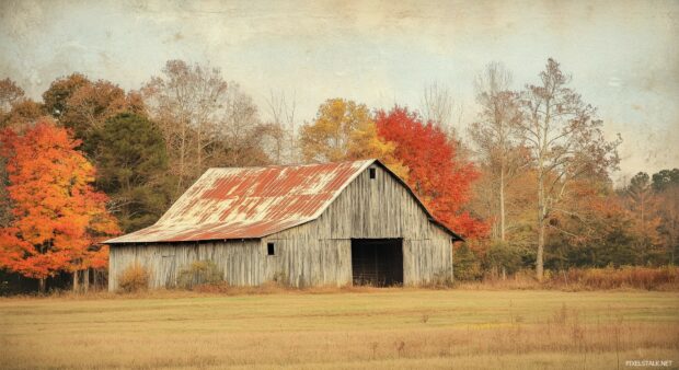 An old rustic barn with faded autumn colors, surrounded by a simple fall landscape.