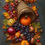 An understated Thanksgiving scene with a single, elegantly rendered cornucopia in soft, muted tones, surrounded by minimalist autumn accents.