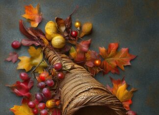 An understated Thanksgiving scene with a single, elegantly rendered cornucopia in soft, muted tones, surrounded by minimalist autumn accents.