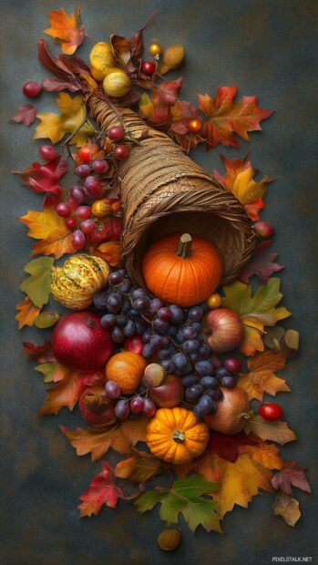 An understated Thanksgiving scene with a single, elegantly rendered cornucopia in soft, muted tones, surrounded by minimalist autumn accents.