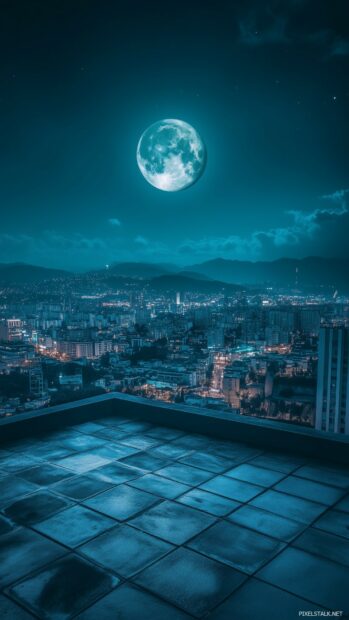 An urban rooftop view at night, with a striking full moon casting its glow over a city skyline.