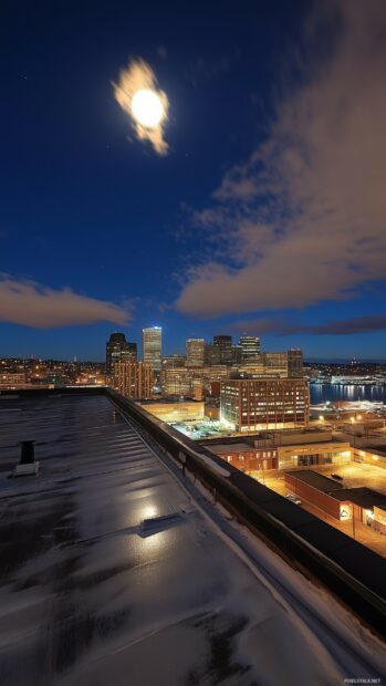 An urban rooftop view at night, with a striking full moon casting its glow over a city skyline.