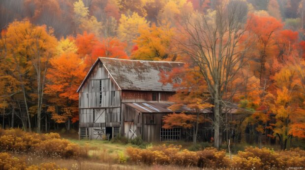 An old barn surrounded by Autumn trees.