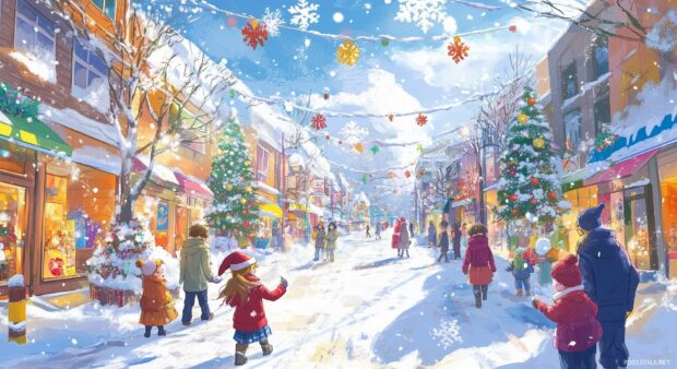 Anime Christmas HD Desktop Wallpaper with a vibrant anime illustration of a snowy street filled with cheerful characters wearing winter clothing.