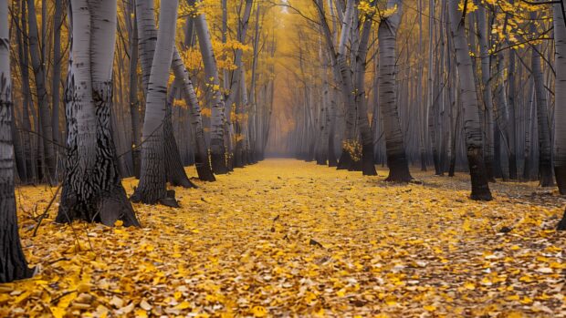 Autumn forest 4K laptop wallpaper with a carpet of fallen leaves.