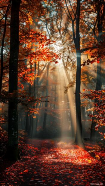 Autumn forest phone wallpaper with vibrant red, orange, and yellow leaves, sunlight filtering through the trees, serene and tranquil atmosphere.