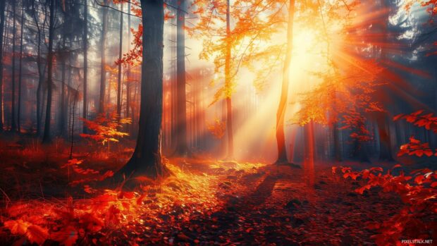 Autumn forest with vibrant red, orange, and yellow leaves, sunlight filtering through the trees, serene and tranquil atmosphere.